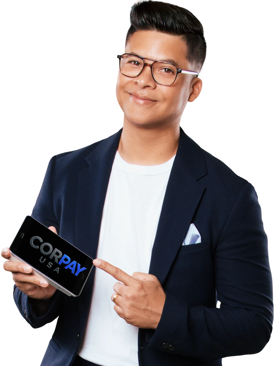 Jorge Luis del Hierro, Latin artist and CorPay USA ambassador, points to the CorPay logo on a phone